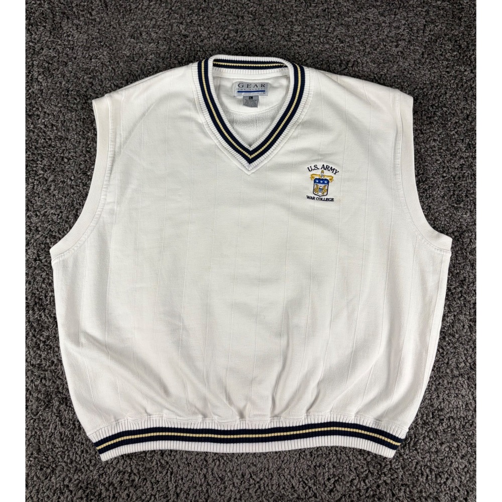 Vintage 90s Gear For Sports US Army War College V-Neck Sweater Vest White Mens L